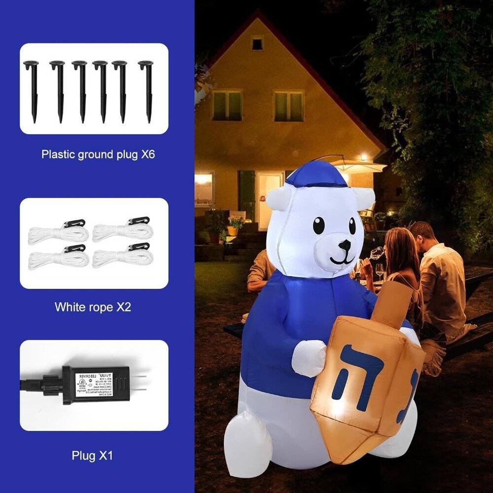 4FT Hanukkah Bear Inflatable with LED Lights for Outdoor Patio Yard Decor - Picture 5 of 7